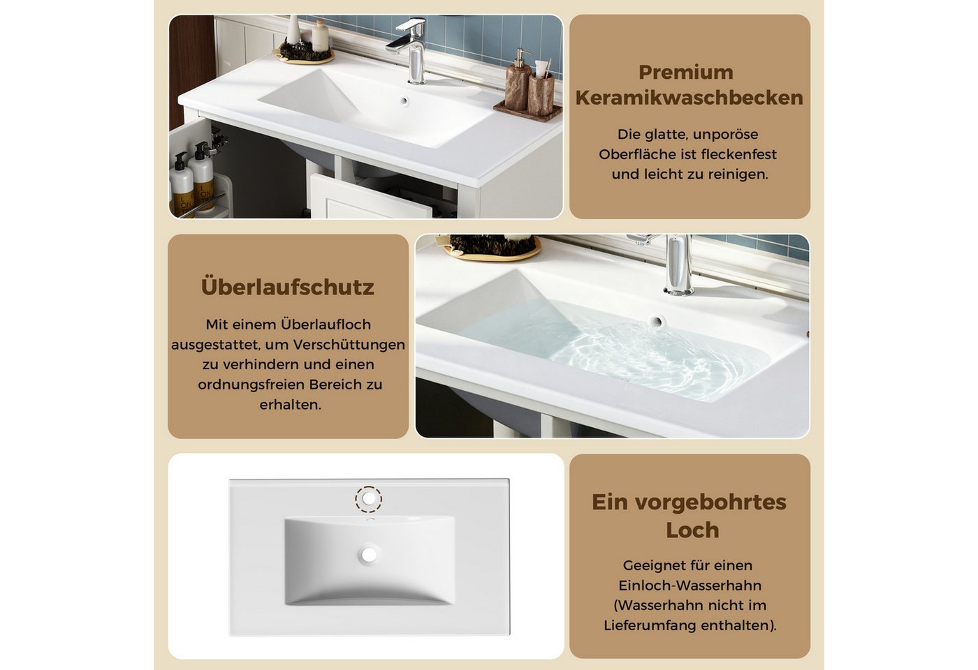 Merax Waschtisch mit Waschbecken, Freistehender Badmöbel-Set, Hochglanz Weiß (81×47×86cm, 1-St), Unterschrank Badzimmerschrank mit 4 Schubladen, Einzeltür & Stauraum Bild 4
