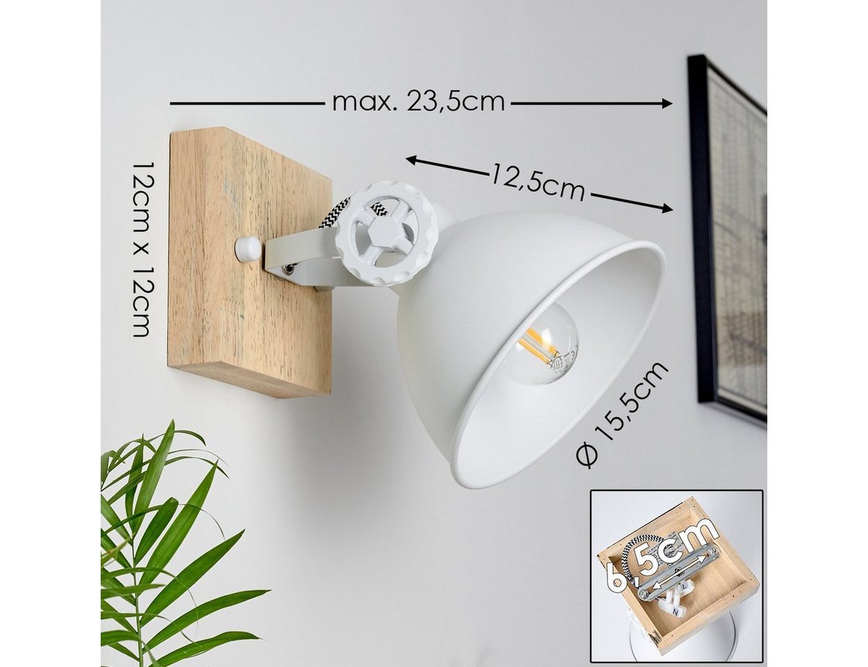 hofstein Wandleuchte »Mot« Wandlampe aus Metall und Holz in Weiß/Natur, ohne Leuchtmittel, mit verstellbarem Strahler, 1xE14, Retro/Vintage Design Bild 3