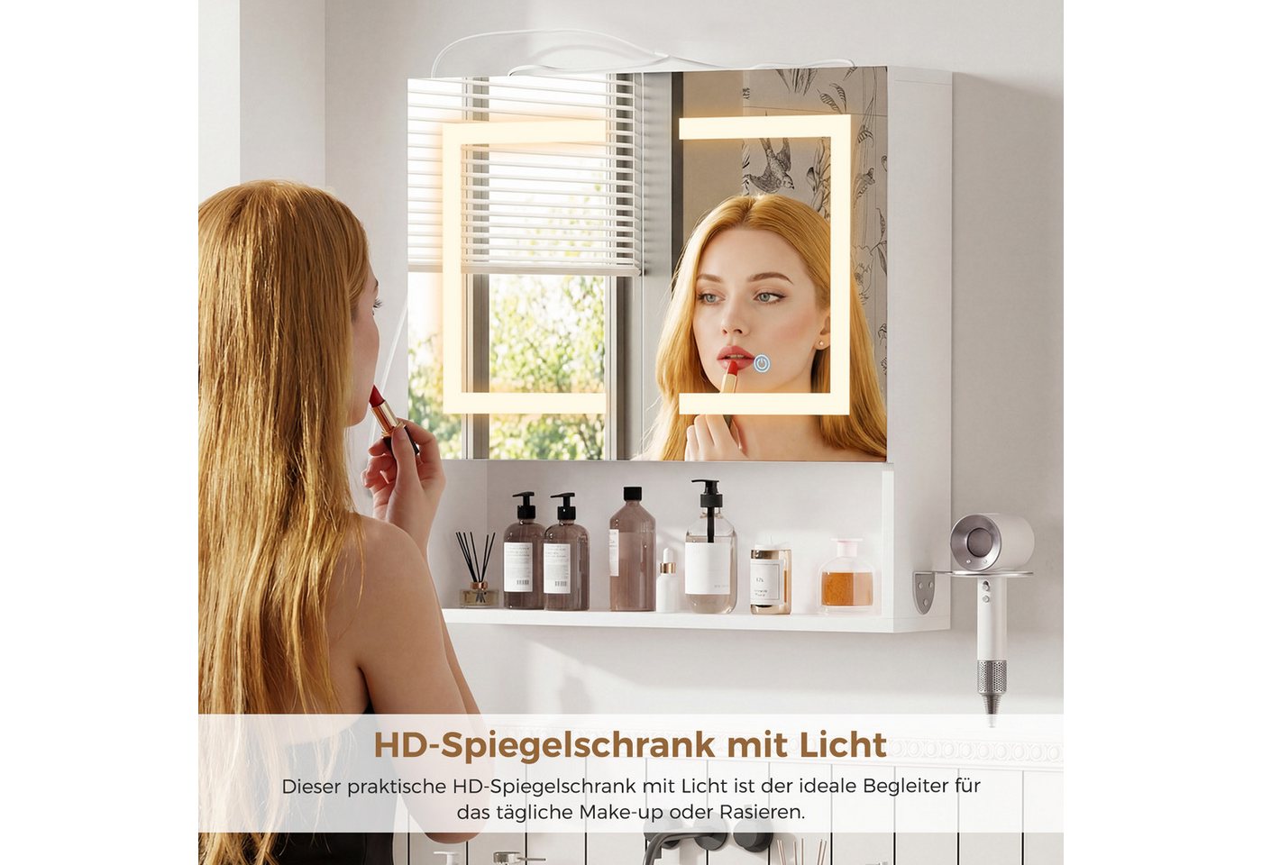 ELUCHANG Spiegelschrank Bad mit Beleuchtung und vstellbarer Ablage (1-St) 60x60x14.5cm, weiß