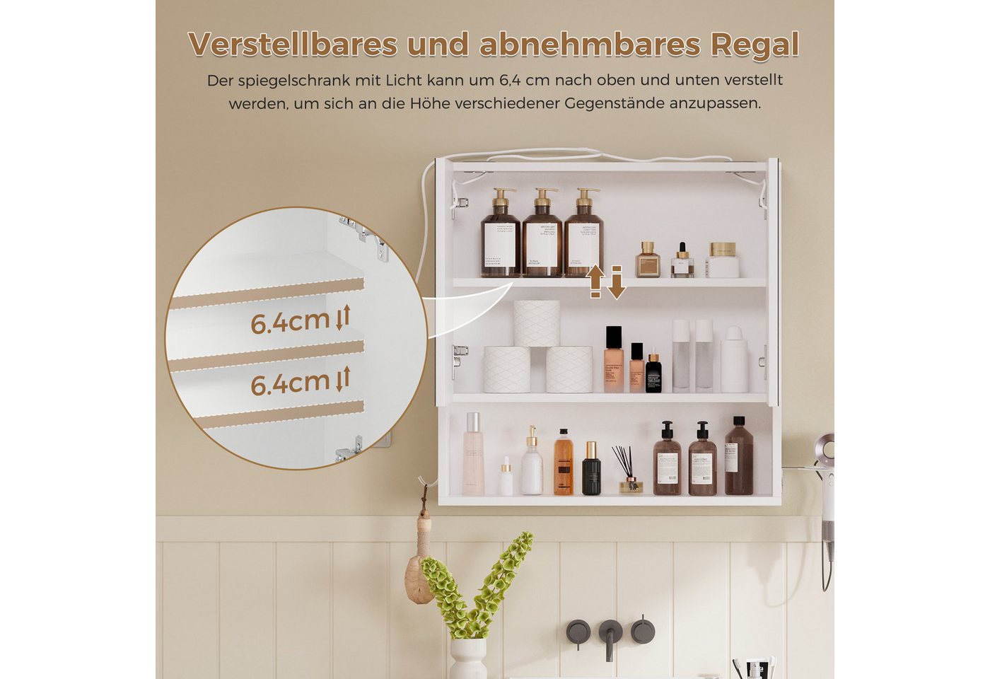 ELUCHANG Spiegelschrank Bad mit Beleuchtung und vstellbarer Ablage (1-St) 60x60x14.5cm, weiß Bild 4