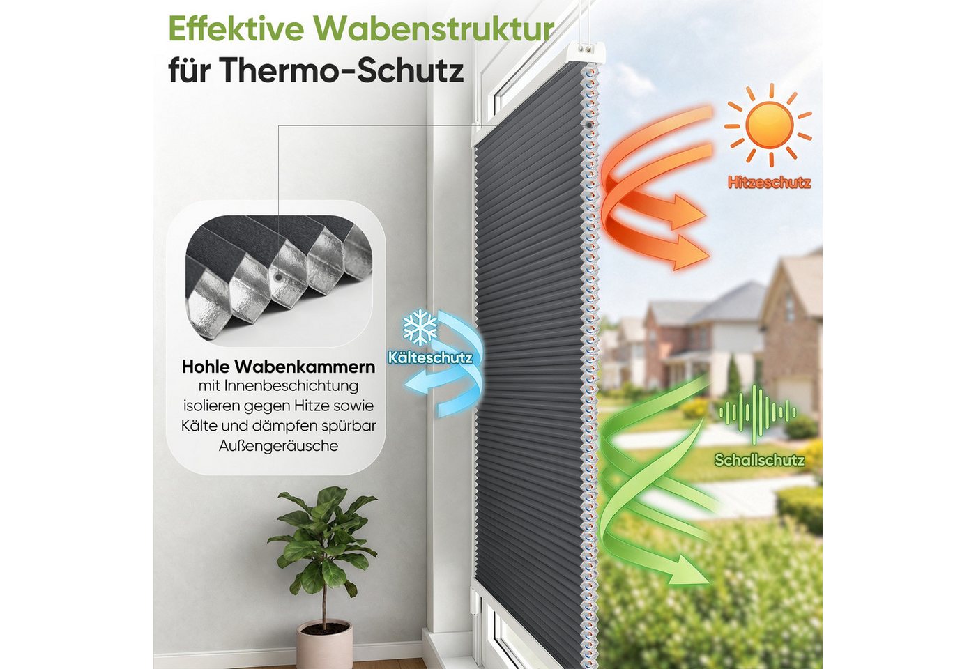 Salcar Wabenplissee Klemmfix ohne Bohren Thermo Plissee verspannt verdunkelnd blickdicht, Grau 35x100cm,Fenster Tür Sonnenschutz Hitzeschutz Doppelplissee Bild 3