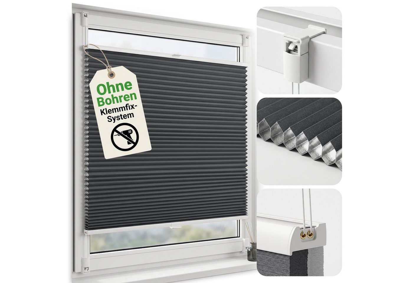Salcar Wabenplissee Klemmfix ohne Bohren Thermo Plissee verspannt verdunkelnd blickdicht, Grau 35x100cm,Fenster Tür Sonnenschutz Hitzeschutz Doppelplissee Bild 4