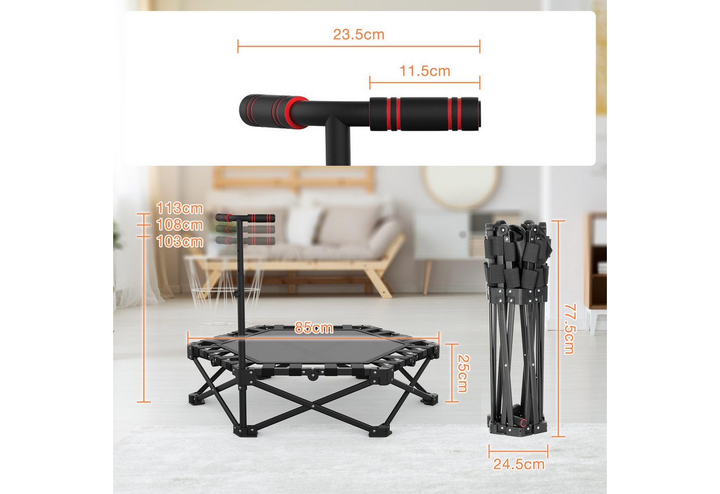 Warmounts Fitnesstrampolin, Ø 85 cm, (1 tlg), Mini-Trampolin mit Haltegriff, Klappbar, Indoor-Fitness, bis 150kg Bild 3