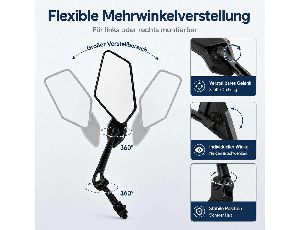 XEOOCE Fahrradlenker Fahrradspiegel, 360° verstellbar, Rückspiegel Set 1 Paar, Standardlenker, (Einzelstück mit Montagezubehör), Blendfrei, 360° drehbar, verstellbare Halterung Bild 3