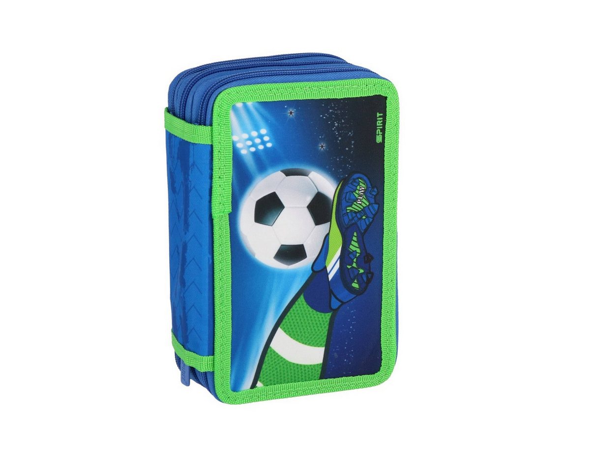 Spirit Federmäppchen SPIRIT Schüler Etui 28 teilig gefüllt 3-Zipper Mäppchen FUSSBALL blau