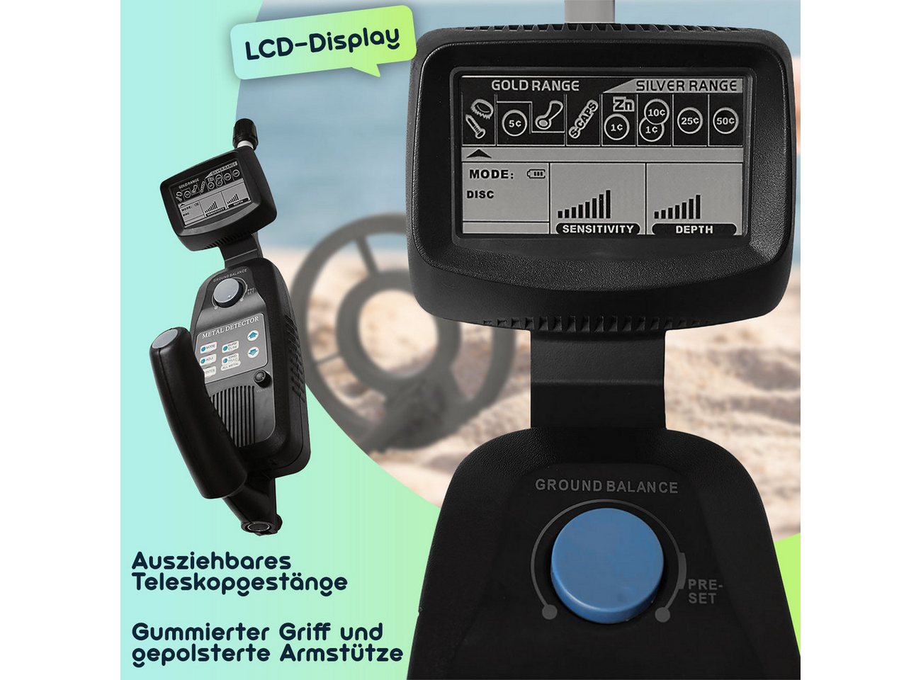 Casativo Metalldetektor Wasserdicht Metalldetektor LCD-Display Pinpointing&Tiefensuche, Spule Ø21,5 cm, Suchtiefe bis 25 cm, ausziehbare Teleskopstange Bild 2