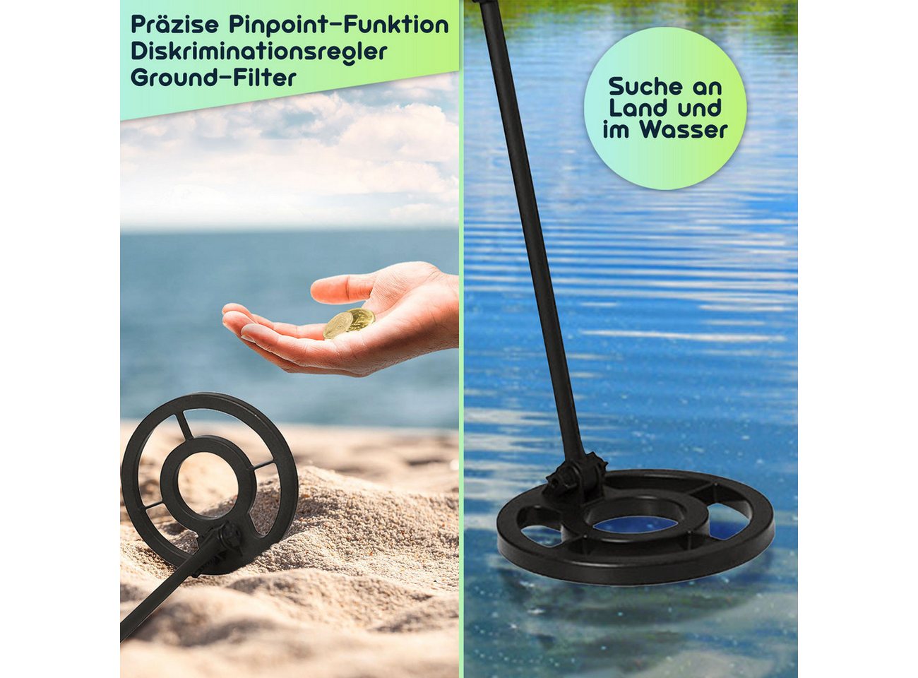 Casativo Metalldetektor Wasserdicht Metalldetektor LCD-Display Pinpointing&Tiefensuche, Spule Ø21,5 cm, Suchtiefe bis 25 cm, ausziehbare Teleskopstange Bild 4