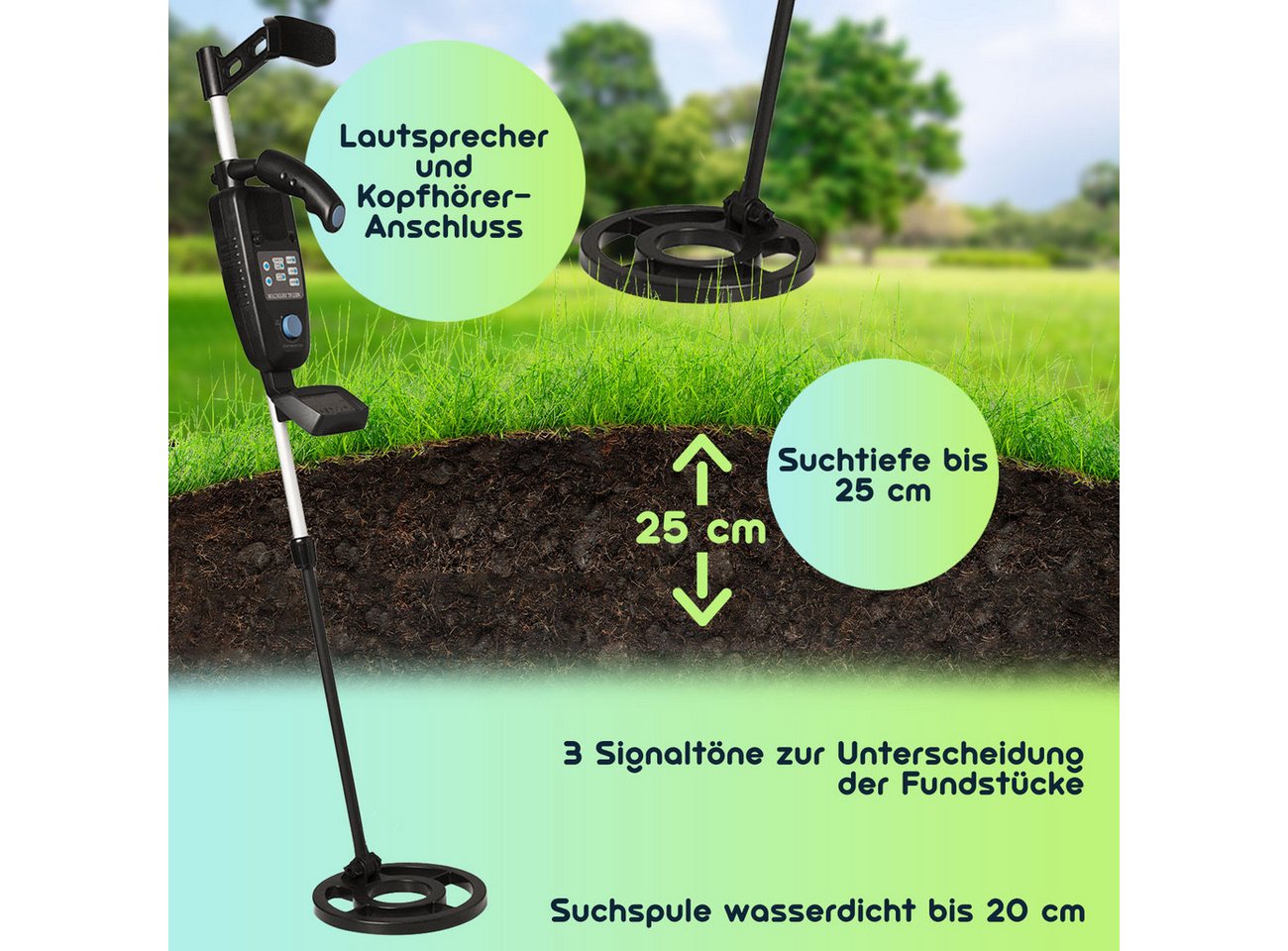 Casativo Metalldetektor Wasserdicht Metalldetektor LCD-Display Pinpointing&Tiefensuche, Spule Ø21,5 cm, Suchtiefe bis 25 cm, ausziehbare Teleskopstange Bild 5