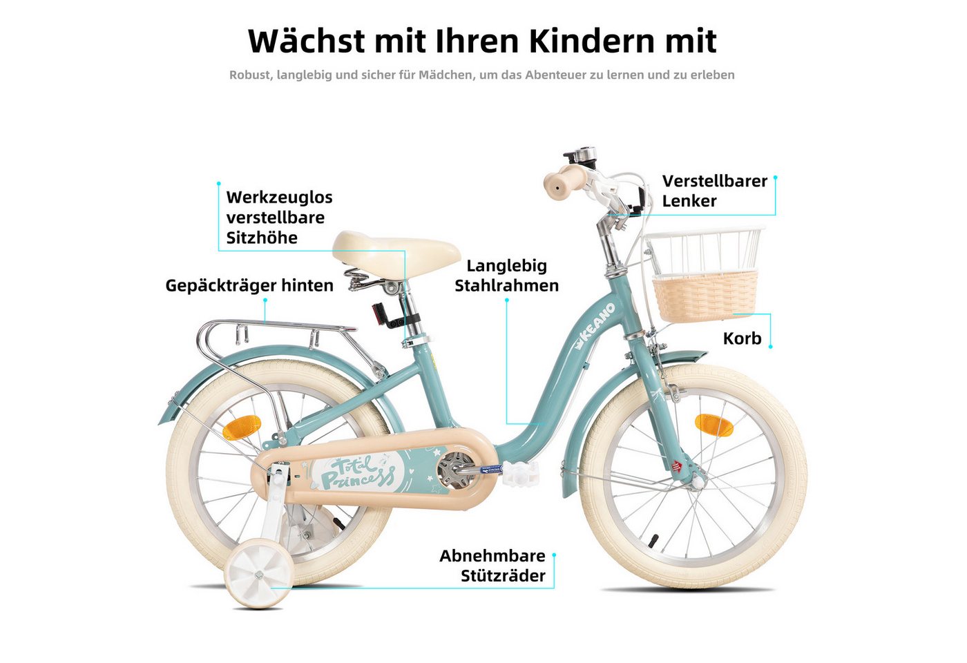 JOYSTAR Kinderfahrrad 16/20 Zoll Fahrräder für Mädchen Geeignet 4-13 Jahren, mit Korb, Kotflügel, Kettenschutz, Gepäckträger und Stützrädern Bild 3