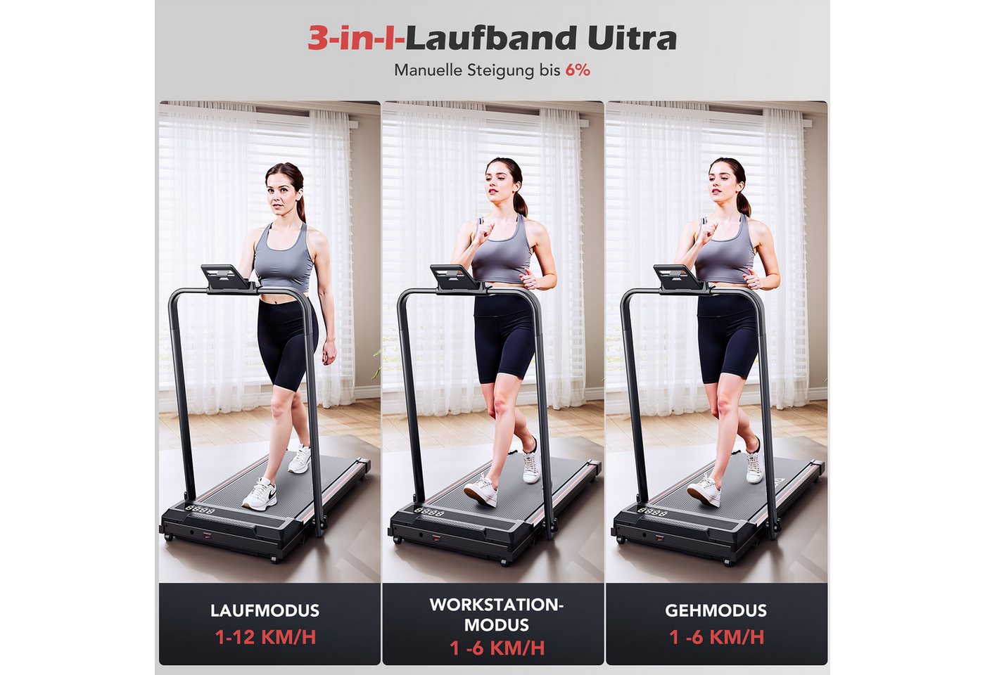 WILGOON Laufband Laufband klappbar 3 in 1 mit 6% Steigung & 1–12 km/h (Walking Pad platzsparend für Zuhause & Homeoffice, 2,5 PS Laufband mit Bluetooth APP & Musikfunktion), Kompaktes Fitness Laufband mit LCD Display bis 120 kg