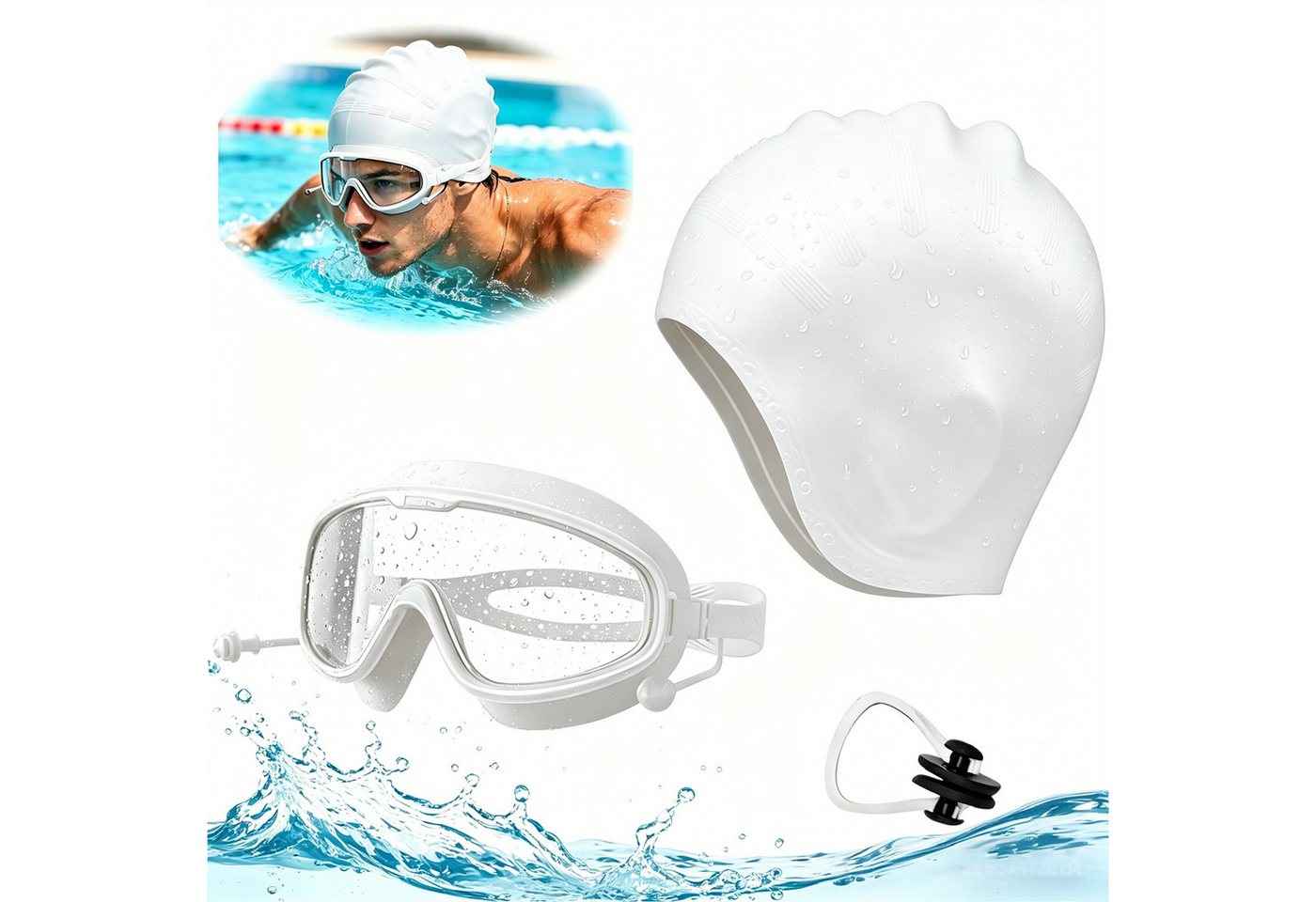 Mutig Schwimmbrille Schwimmbrille Set mit Badekappe & Nasenklammer HD Anti-Beschlag Unisex, (3D-Ohrenschutz Schwimmkappe aus Silikon für Damen & Herren, Schwimmmaske mit Großen Gläsern Wasserdicht & Anti Fog Klar Weitwinkel), Premium Komfort für Training & Freizeit – für Erwachsene & Jugendliche Bild 3