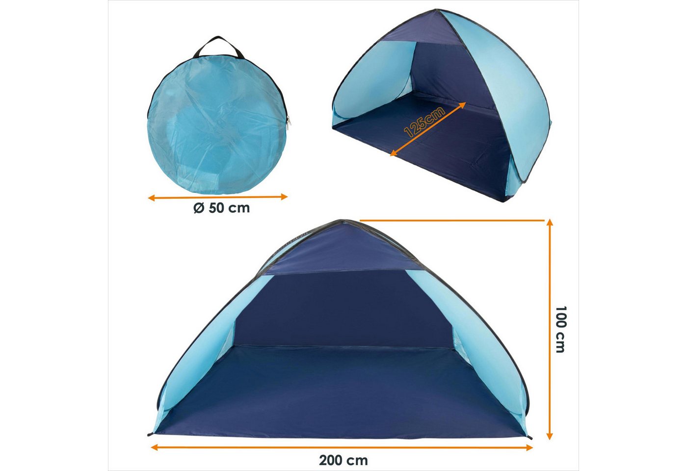 Spetebo Strandmuschel Pop Up Strandzelt blau mit Tragetasche und Heringen - 210 x 110 cm, (Packmaß von ca. Ø 50 x 4 cm, 1 tlg., Stück), UV 50+ Sonnenschutz