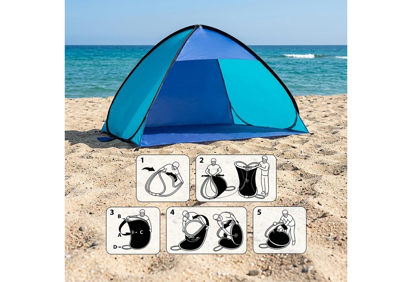 Spetebo Strandmuschel Pop Up Strandzelt blau mit Tragetasche und Heringen - 210 x 110 cm, (Packmaß von ca. Ø 50 x 4 cm, 1 tlg., Stück), UV 50+ Sonnenschutz Bild 2