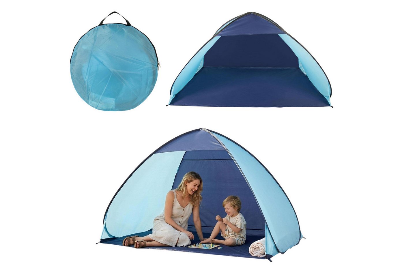 Spetebo Strandmuschel Pop Up Strandzelt blau mit Tragetasche und Heringen - 210 x 110 cm, (Packmaß von ca. Ø 50 x 4 cm, 1 tlg., Stück), UV 50+ Sonnenschutz Bild 4