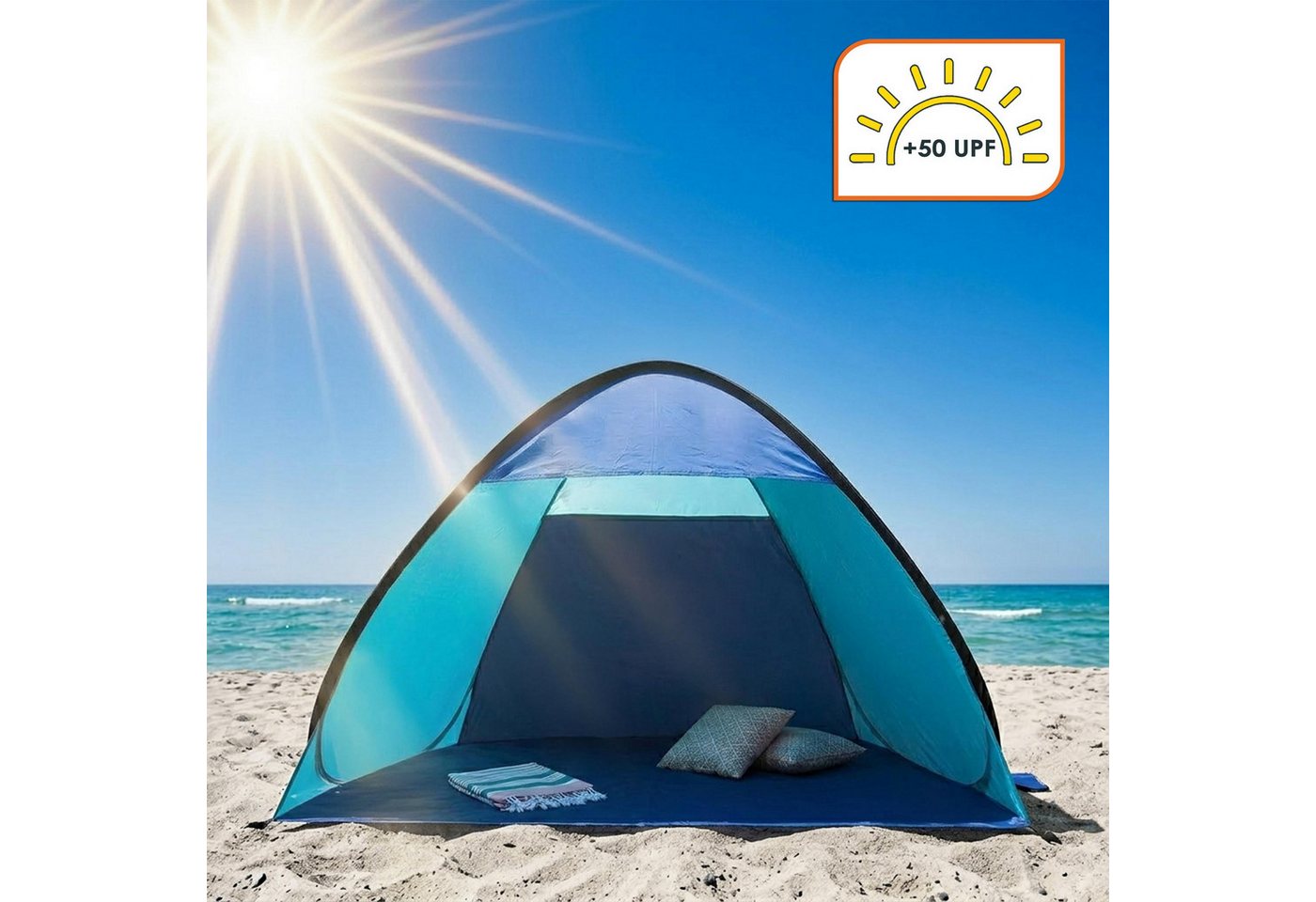 Spetebo Strandmuschel Pop Up Strandzelt blau mit Tragetasche und Heringen - 210 x 110 cm, (Packmaß von ca. Ø 50 x 4 cm, 1 tlg., Stück), UV 50+ Sonnenschutz Bild 5