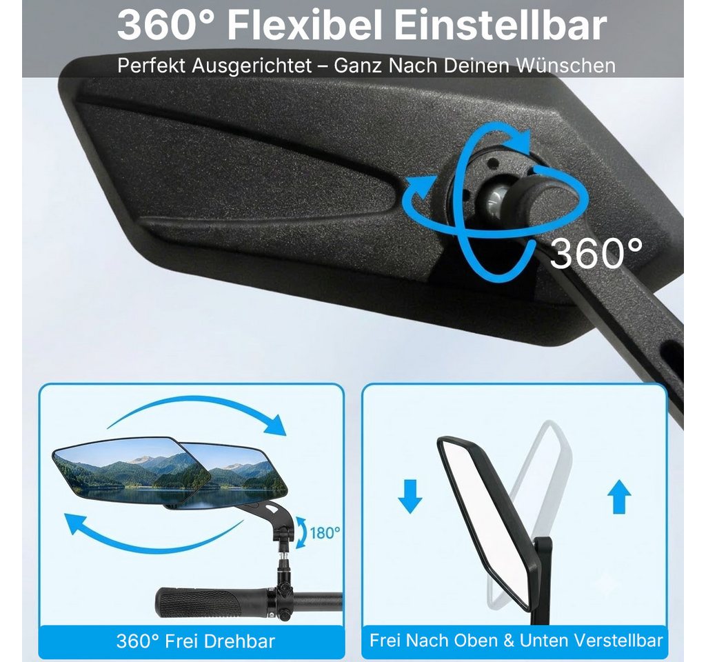 Forrlite Fahrradspiegel für E-Bike, 360° Klappbar & Drehbar Fahrrad Rückspiegel (2-St) (Fahrrad Spiegel Links für Ebikes mit Große Spiegelfläche, Spiegel für Fahrrad Schlagfestes Echtglas, Fahrradzubehör E-bike), Lenkerendspiegel für Fahrrad E Bike Trekkingrad Citybike Tour Bild 4