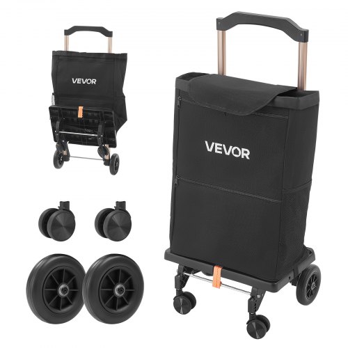 VEVOR Einkaufstrolley Faltbarer Einkaufswagen mit 75kg Tragkraft Schwarz, 40L Kapazität, Mit Kühlfach Teleskopgriff + 4 Rollen, Tasche Abnehmbar, 2-in-1 Einkaufsroller für Einkauf Camping Haushalt