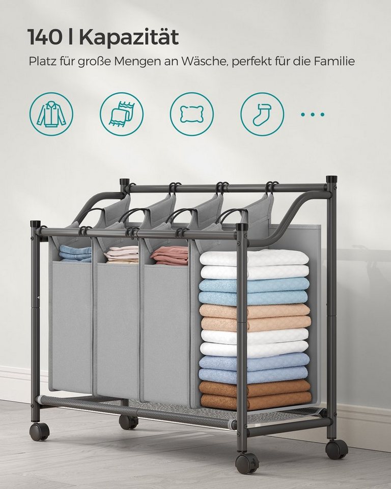 Wäschekorb Mit 4 Abnehmbaren Schwarzen Taschen Auf Rädern - L87,5 Cm