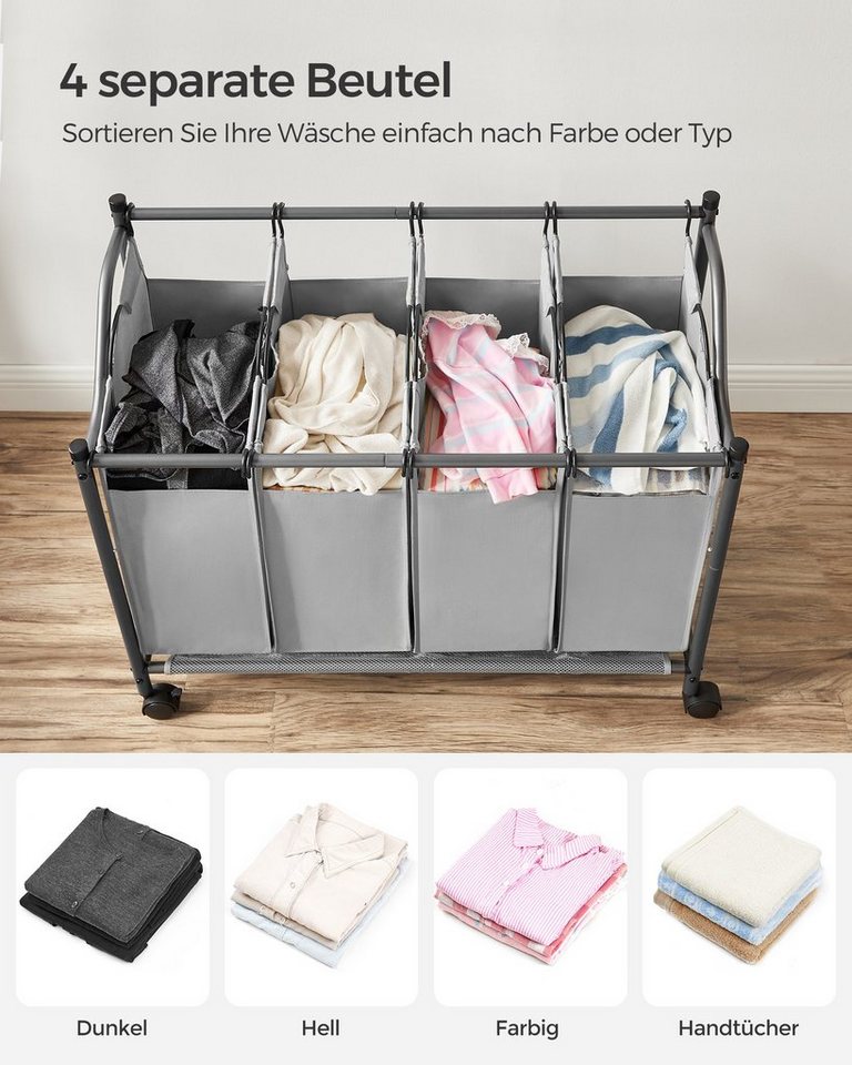 Wäschekorb Mit 4 Abnehmbaren Schwarzen Taschen Auf Rädern - L87,5 Cm Bild 4