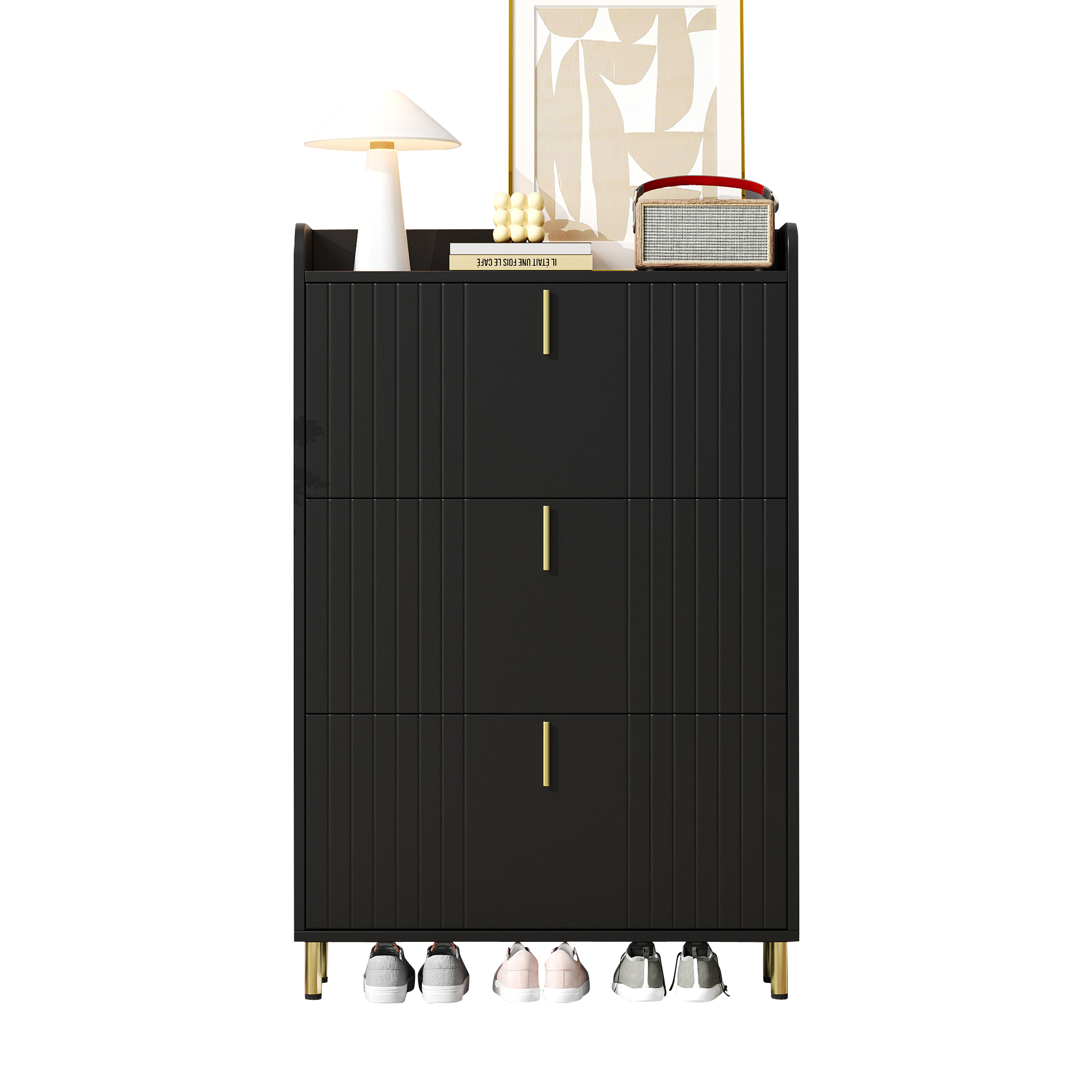 Schuhschrank Mit 3 Klappen Und Verstellbaren Einlegeböden, Flurmöbel Aus Mdf, Schwarz, 80×23×123.5 Cm