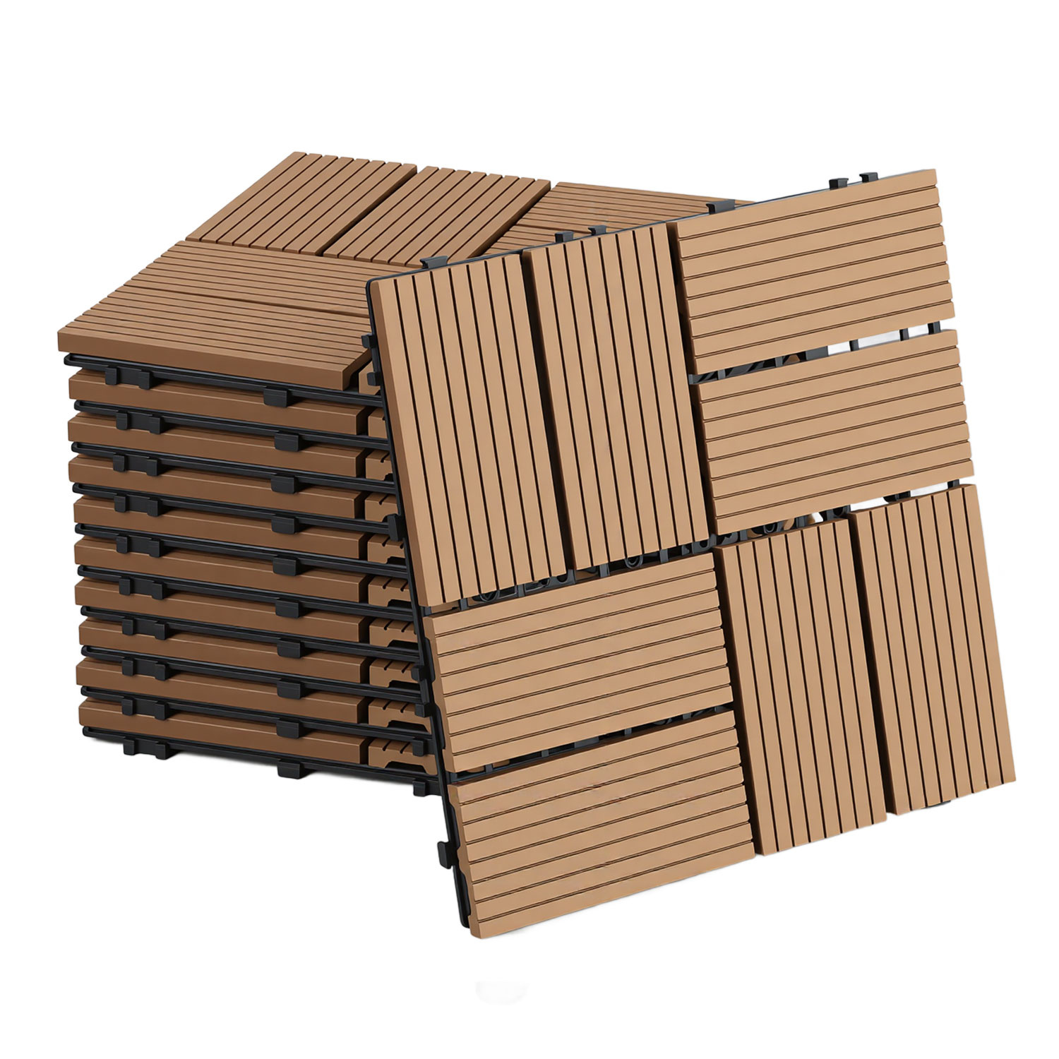 Tolletour Wpc Terrassenfliesen 5 M², 30 X 30 Cm 55 Stücke, Terrassendielen Mit 8 Latten In Holzoptik, Für Garten Balkon Bodenbelag Mit Drainage Und Klicksystem, Teak