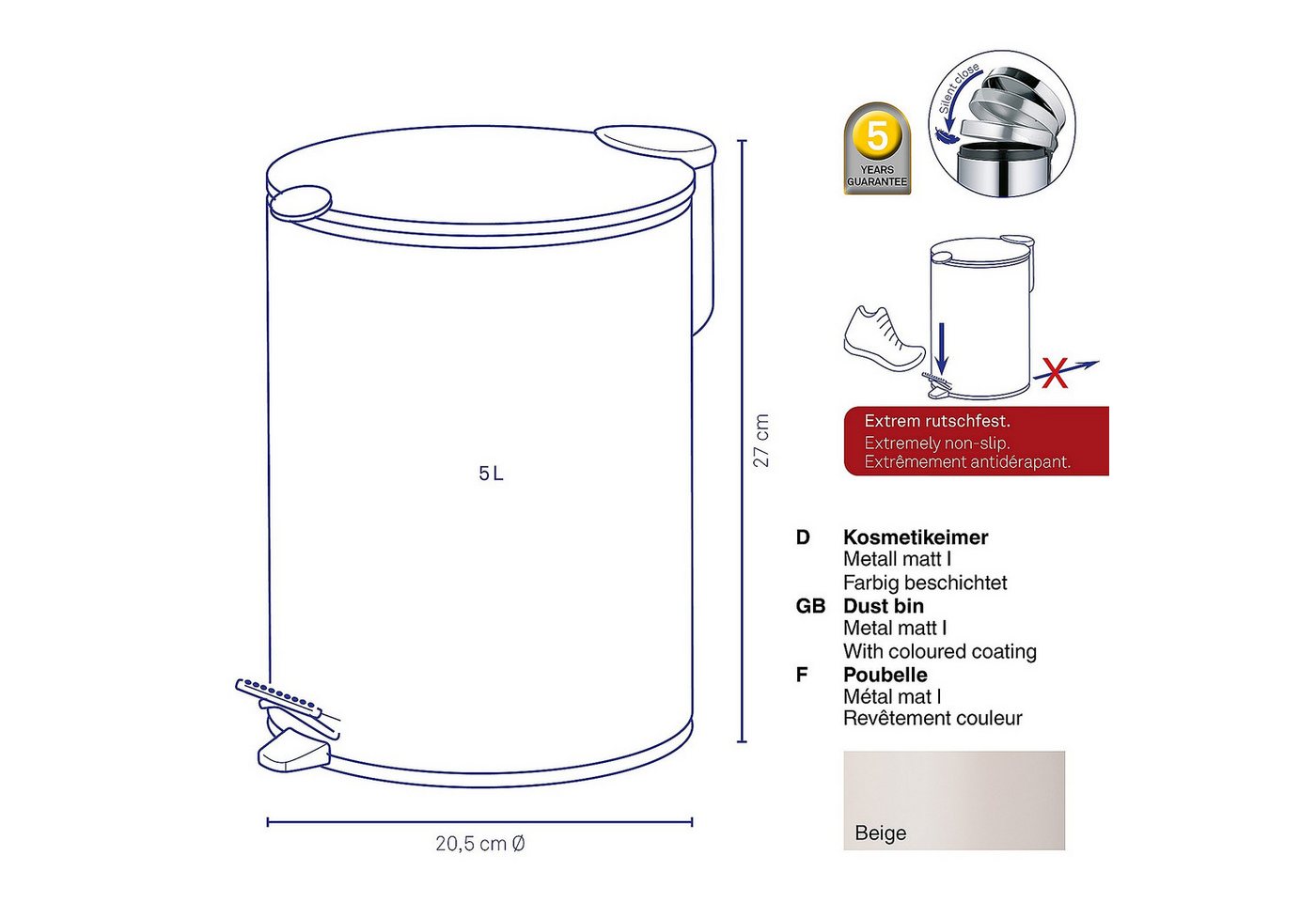 Abfalleimer 5 L Beige - Mattschwarz - Kela Bild 4