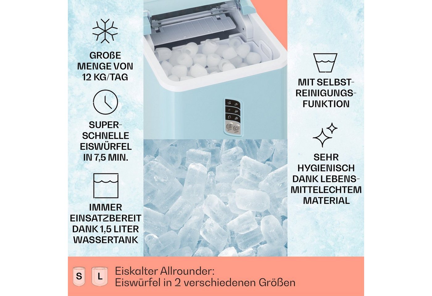 Klarstein Eiswürfelmaschine Klein, Schneller Ice Cube Maker, Eiswürfelbereiter Selbstreinigend, Eiswürfelgerät Für Große Und Kleine Eiswürfel, Mit Eiswürfelbehälter, 12kg/24h, Fassungsvermögen 1,5 L Bild 3