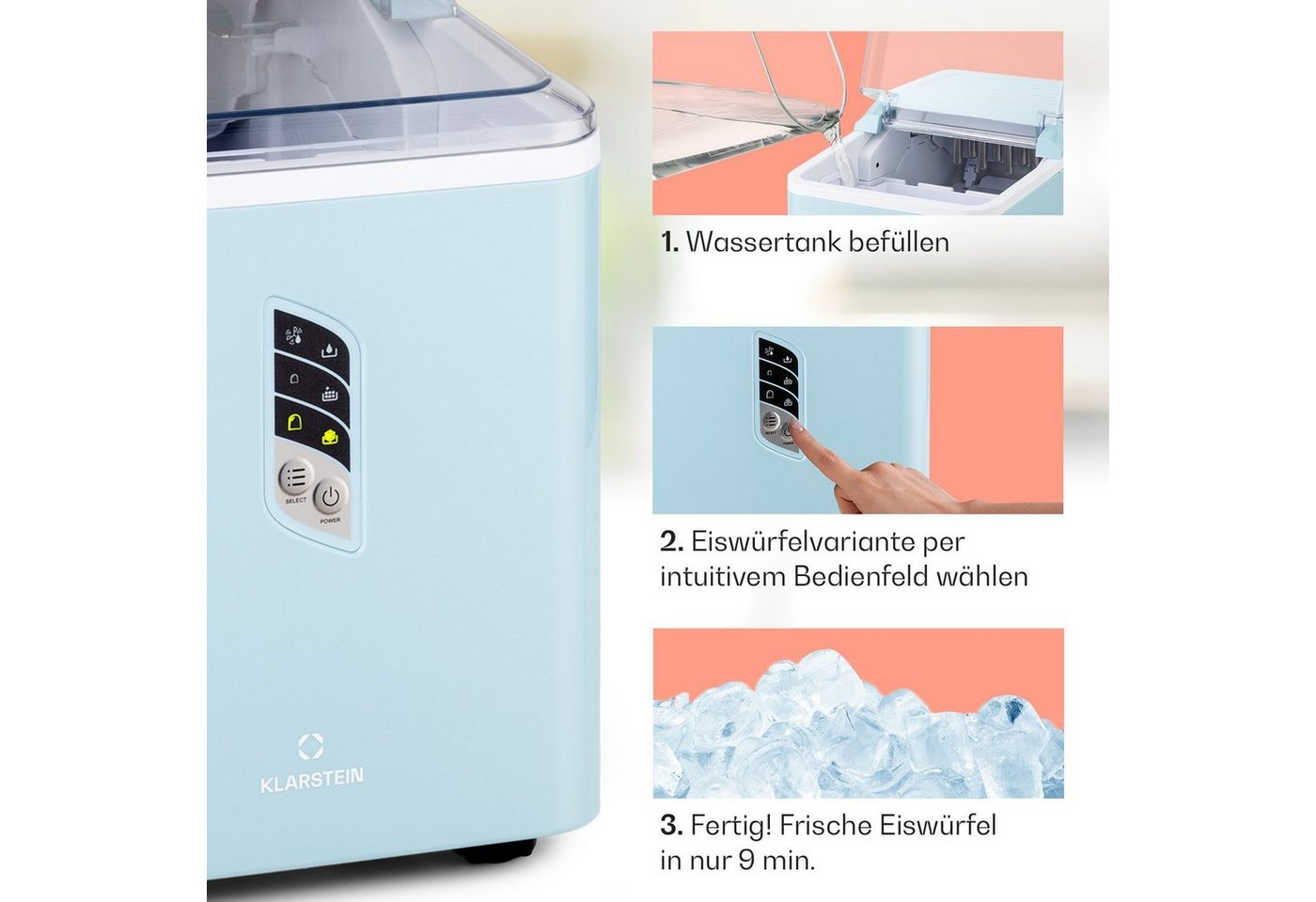 Klarstein Eiswürfelmaschine Klein, Schneller Ice Cube Maker, Eiswürfelbereiter Selbstreinigend, Eiswürfelgerät Für Große Und Kleine Eiswürfel, Mit Eiswürfelbehälter, 12kg/24h, Fassungsvermögen 1,5 L Bild 4