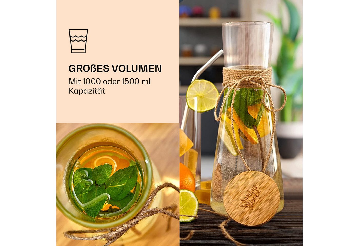 Carafe De Verre Avec Couvercle En Bambou Verre Borosilicaté Résistant À La Chaleur - Klarstein Bild 5