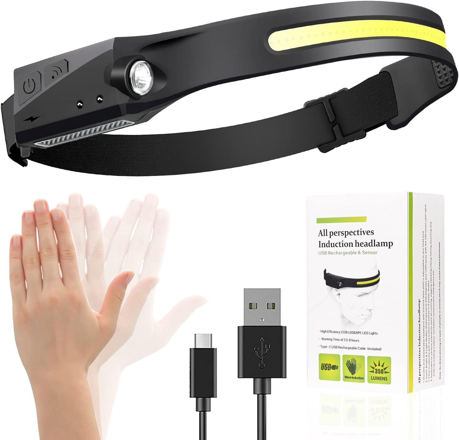 Stirnlampe Led Wiederaufladbar, Intelligenter Sensor Kopflampe Cob&xpe Superhell 230 °flutlicht&scheinwerfer Mit 5 Lichtmodi,ipx6 Wasserdichter ,perfekt Fürs Laufen, Angeln, Campen, Wandern (1 Stück)…
