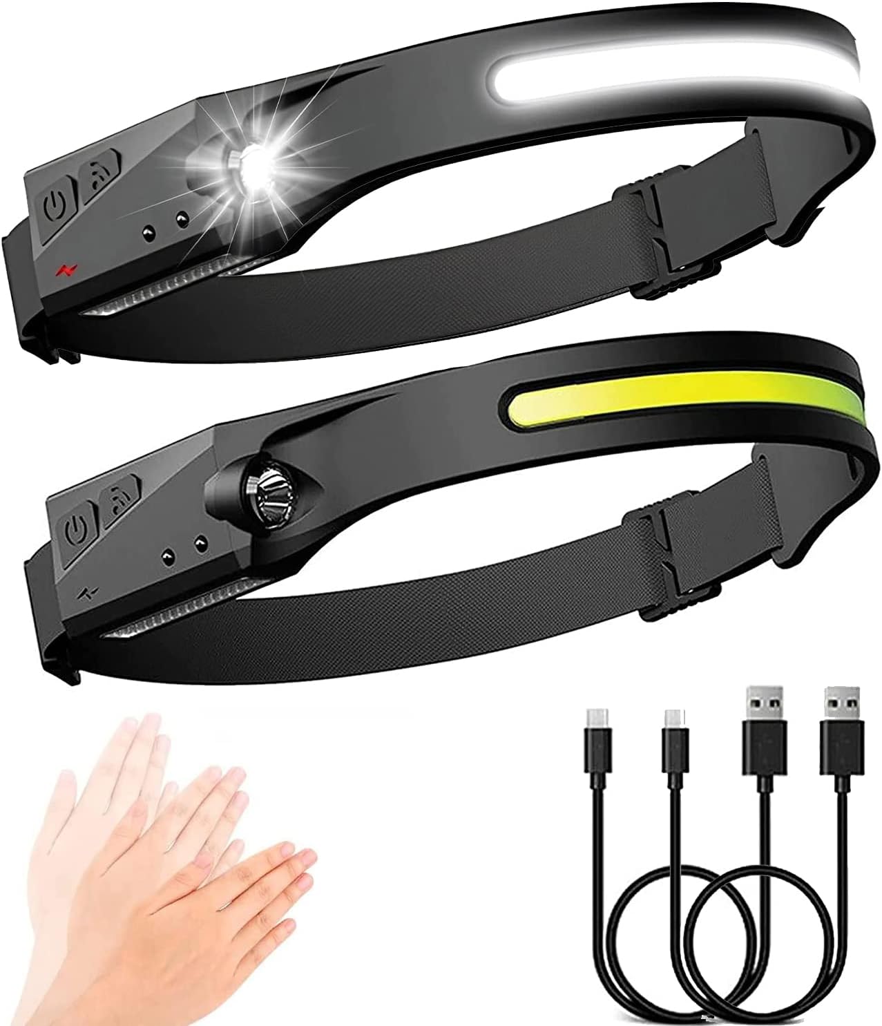 2 Stück Stirnlampe Led Wiederaufladbar, Headlamp Led Sensor Stirnlampe , Usb Joggen Kopflampe, 230 °flutlicht Mit 5 Lichtmodi Für Angeln, Camping, Etc