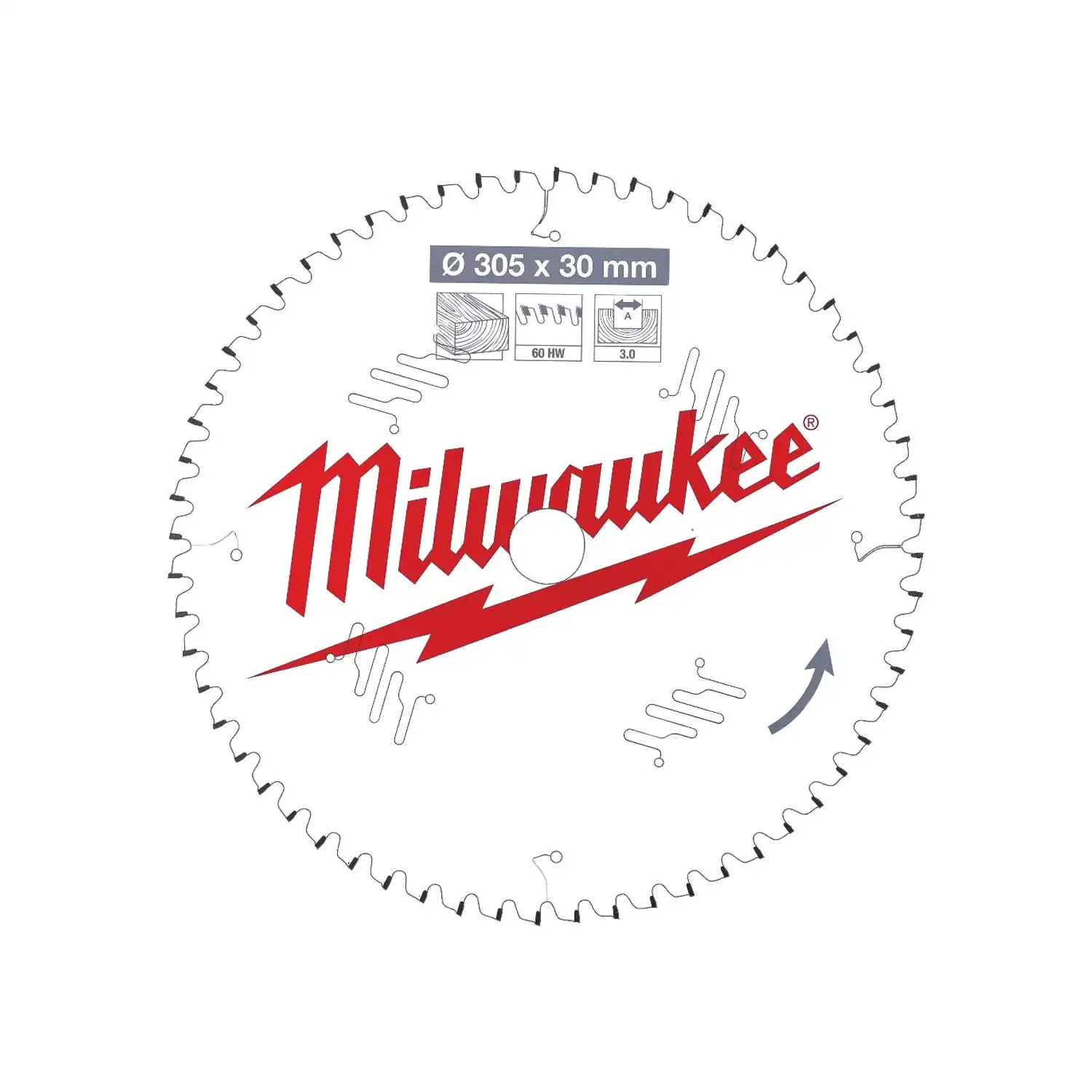 Milwaukee Sägeblatt Holz für Kapp- und Gehrungssägen (305/30 mm Z60 Wechselzahn negativ)