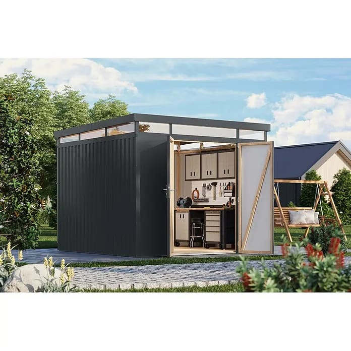 Karibu Gerätehaus Aurum 3,5 (Außenmaß inkl. Dachüberstand (B x T): 298 x 298 cm, Metall, Anthrazit)