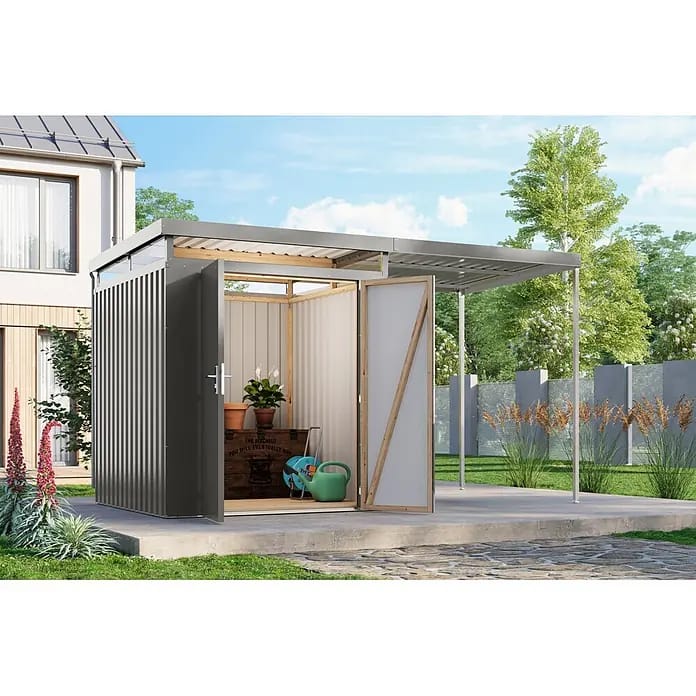 Karibu Gerätehaus Aurum 2 mit Anbaudach (Außenmaß inkl. Dachüberstand (B x T): 420 x 215 cm, Metall, Graualuminium)