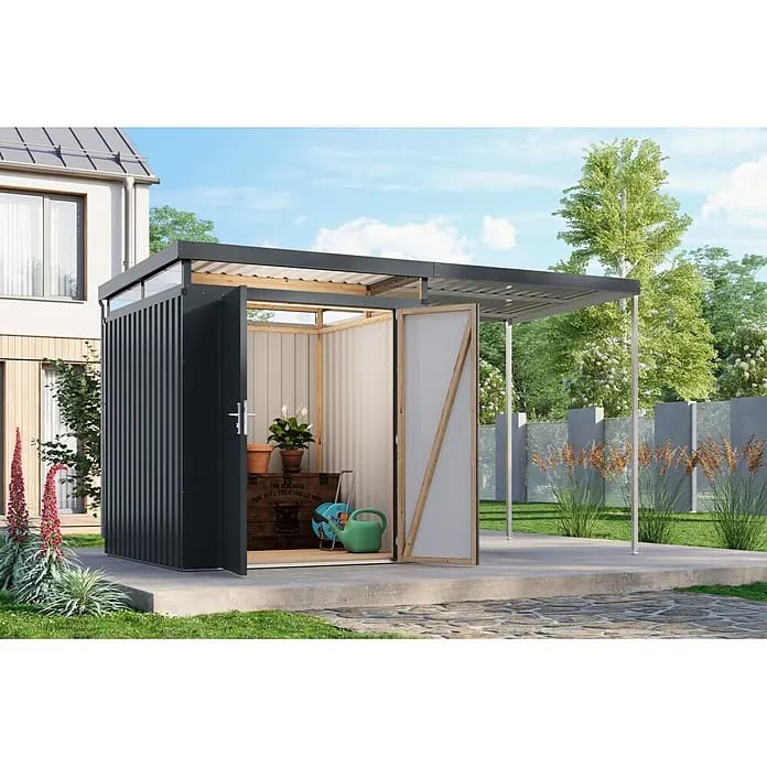 Karibu Gerätehaus Aurum 2 mit Anbaudach (Außenmaß inkl. Dachüberstand (B x T): 420 x 215 cm, Metall, Anthrazit)