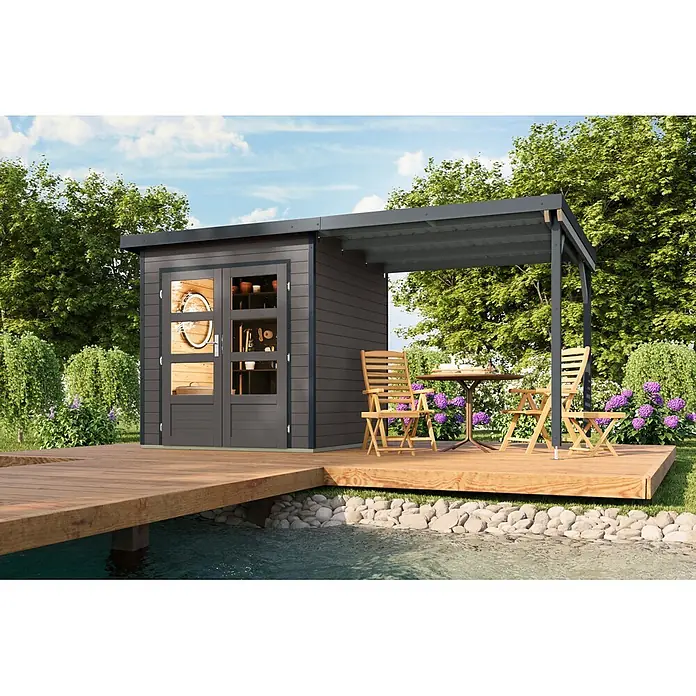 Karibu Gartenhaus Pluto 1 B (Außenmaß inkl. Dachüberstand (B x T): 447 x 228 cm, Holz, Terragrau/Anthrazit)