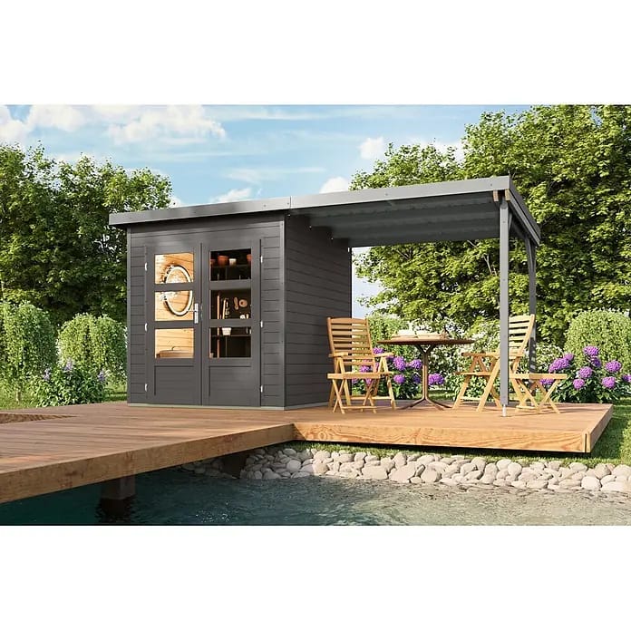 Karibu Gartenhaus Pluto 1 B (Außenmaß inkl. Dachüberstand (B x T): 447 x 228 cm, Holz, Terragrau/Grau)