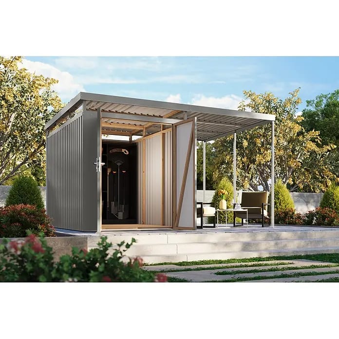 Karibu Gerätehaus Aurum 2,5 mit Anbaudach (Außenmaß inkl. Dachüberstand (B x T): 420 x 298 cm, Metall, Graualuminium)