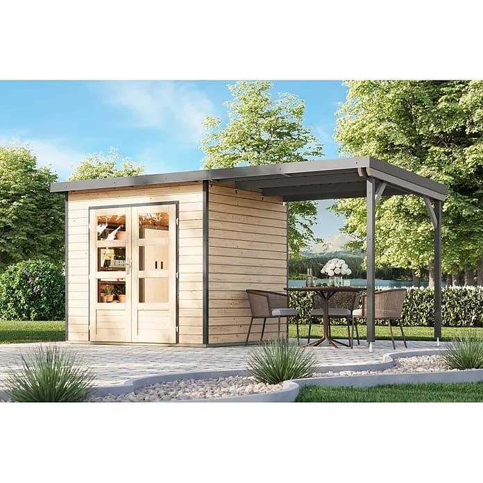 Karibu Gartenhaus Pluto 2 A (Außenmaß inkl. Dachüberstand (B x T): 487 x 228 cm, Holz, Naturbelassen/Grau)