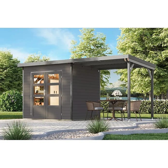 Karibu Gartenhaus Pluto 2 B (Außenmaß inkl. Dachüberstand (B x T): 487 x 228 cm, Holz, Terragrau/Grau)