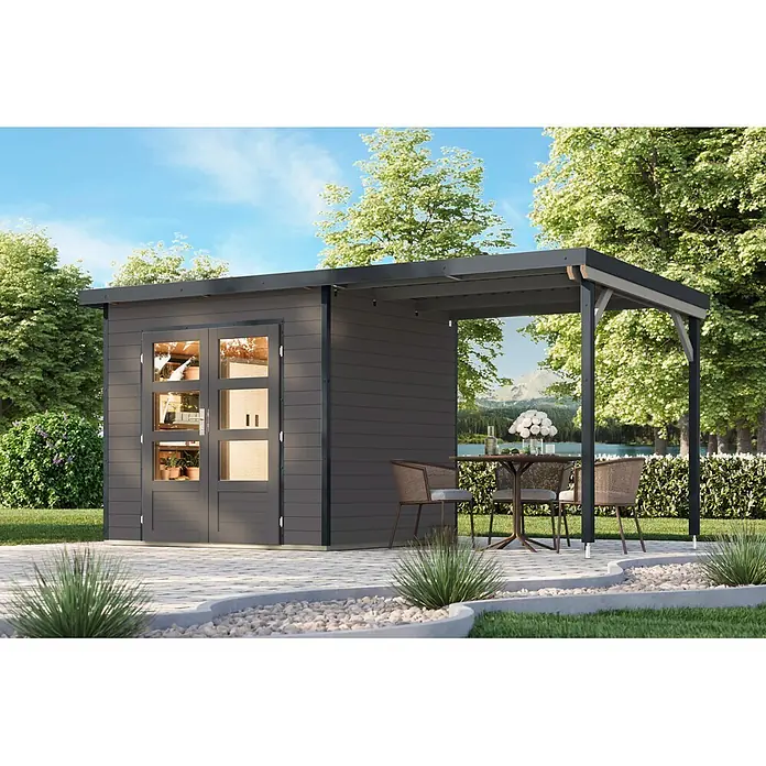 Karibu Gartenhaus Pluto 2 B (Außenmaß inkl. Dachüberstand (B x T): 487 x 228 cm, Holz, Terragrau/Anthrazit)