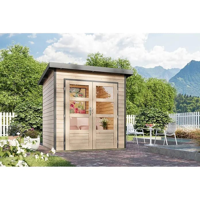 Karibu Gartenhaus Pluto 1 A (Außenmaß inkl. Dachüberstand (B x T): 229 x 228 cm, Holz, Naturbelassen/Grau)