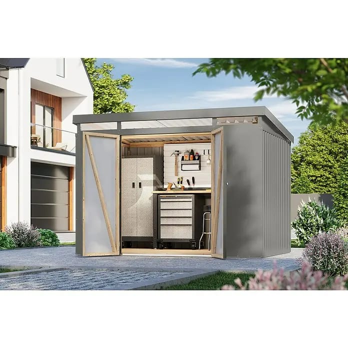 Karibu Gerätehaus Iridium 3 (Außenmaß inkl. Dachüberstand (B x T): 298 x 215 cm, Metall, Graualuminium)