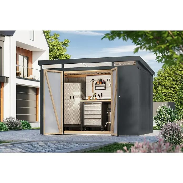 Karibu Gerätehaus Iridium 3 (Außenmaß inkl. Dachüberstand (B x T): 298 x 215 cm, Metall, Anthrazit)