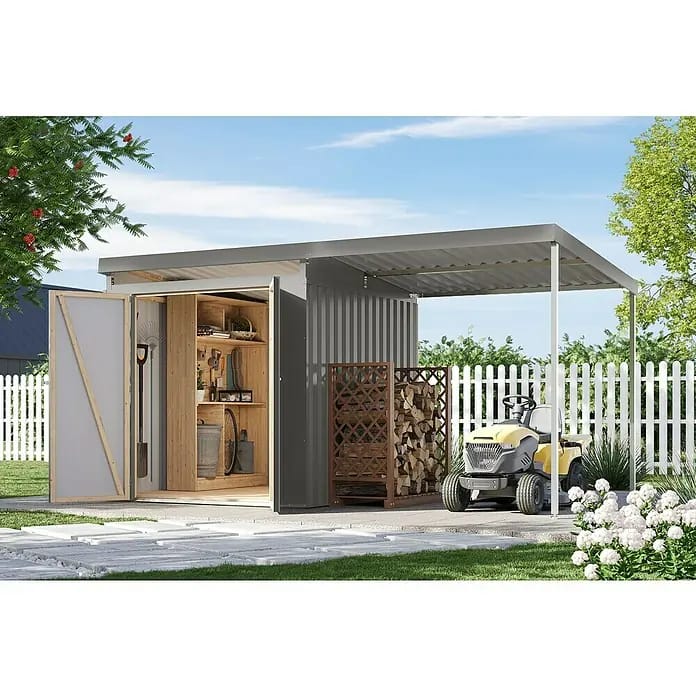 Karibu Gerätehaus Iridium 2 mit Anbaudach (Außenmaß inkl. Dachüberstand (B x T): 420 x 215 cm, Metall, Graualuminium)