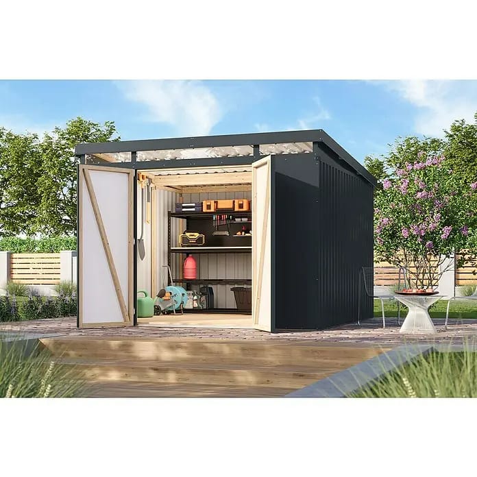 Karibu Gerätehaus Iridium 3,5 (Außenmaß inkl. Dachüberstand (B x T): 298 x 298 cm, Metall, Anthrazit)