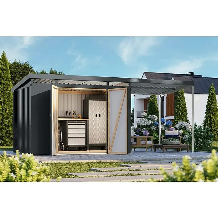 Karibu Gerätehaus Iridium 3 mit Anbaudach (Außenmaß inkl. Dachüberstand (B x T): 502,5 x 215 cm, Metall, Anthrazit)