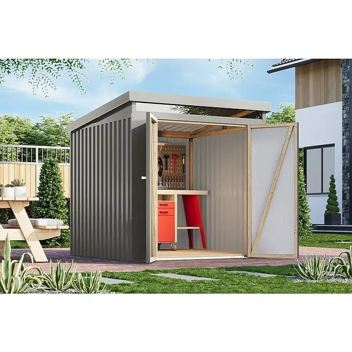 Karibu Gerätehaus Iridium 2 (Außenmaß inkl. Dachüberstand (B x T): 215 x 215 cm, Metall, Graualuminium)
