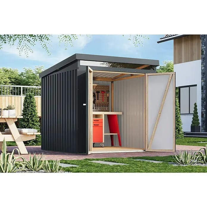 Karibu Gerätehaus Iridium 2 (Außenmaß inkl. Dachüberstand (B x T): 215 x 215 cm, Metall, Anthrazit)