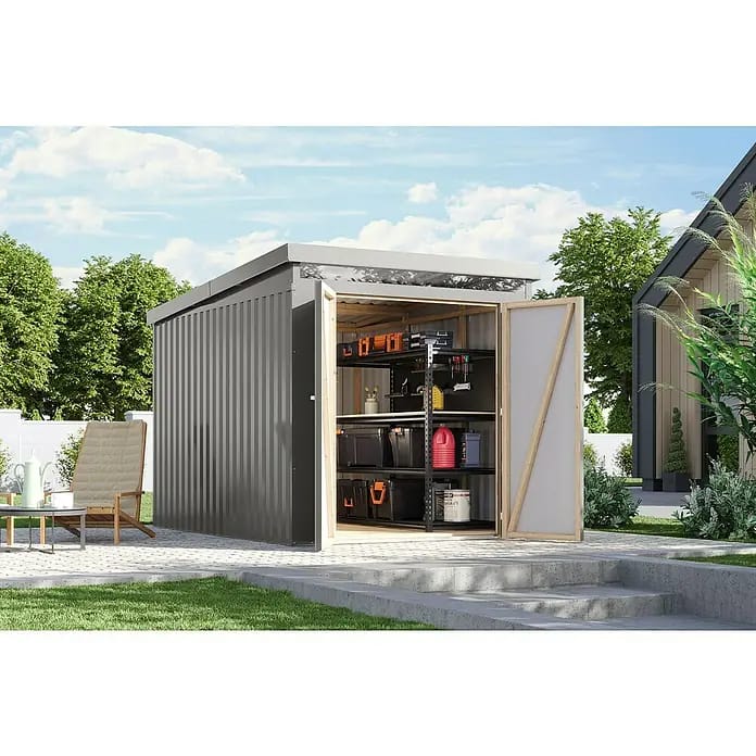 Karibu Gerätehaus Iridium 2,5 (Außenmaß inkl. Dachüberstand (B x T): 215 x 298 cm, Metall, Graualuminium)